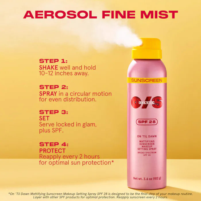 ONE/SIZE by Patrick Starrr 
On 'Til Dawn Mattifying Sunscreen Makeup Setting Spray SPF 28